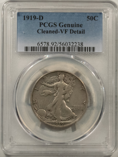 New Certified Coins 1919-D WALKING LIBERTY HALF DOLLAR – PCGS GENUINE, CLEANED VF DETAIL, NICE LOOK!
