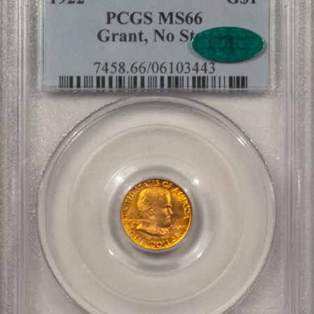 CAC Approved Coins 1922 GRANT COMMEMORATIVE GOLD DOLLAR NO STARS – PCGS MS-66, PRETTY, CAC APPROVED