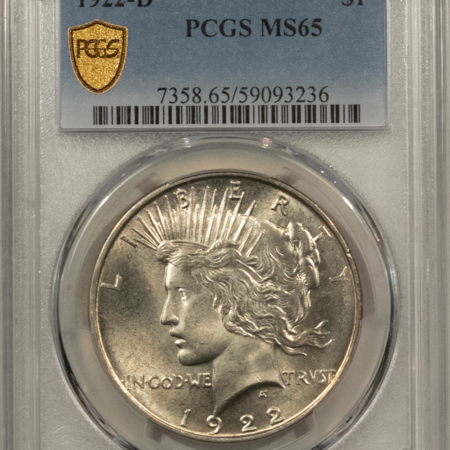 Dollars 1922-D PEACE DOLLAR $1, PCGS MS-65, A SPARKLING WHITE GEM W/ A CLEAN CHEEK!