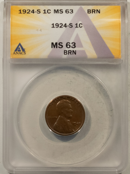 Lincoln Cents (Wheat) 1924-S LINCOLN CENT – ANACS MS-63 BN