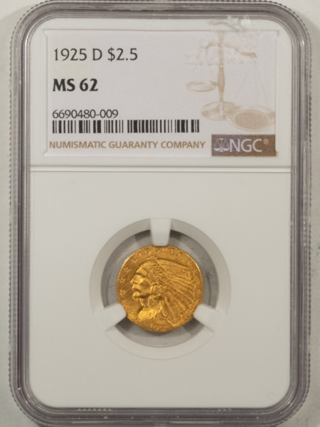 $2.50 1925-D $2.50 INDIAN GOLD, NGC MS-62, VIRTUALLY CHOICE EXAMPLE W/ NICE LUSTER!