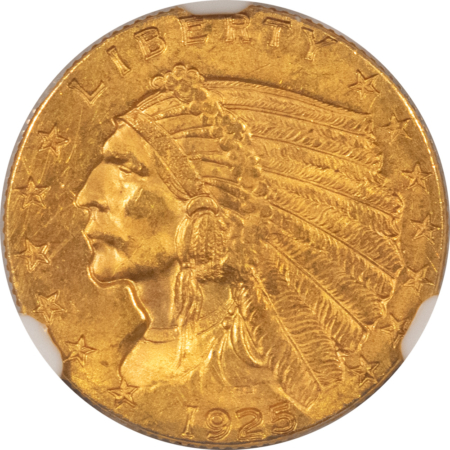 $2.50 1925-D $2.50 INDIAN GOLD, NGC MS-62, VIRTUALLY CHOICE EXAMPLE W/ NICE LUSTER!