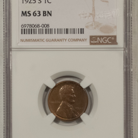 Lincoln Cents (Wheat) 1925-S LINCOLN CENT – NGC MS-63 BN, LUSTROUS & SMOOTH!