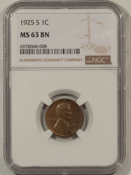 Lincoln Cents (Wheat) 1925-S LINCOLN CENT – NGC MS-63 BN, LUSTROUS & SMOOTH!