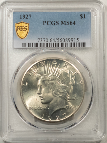 New Certified Coins 1927 $1 PEACE DOLLAR – PCGS MS-64, LOOKS 65! PREMIUM QUALITY! CLEAN CHEEK!