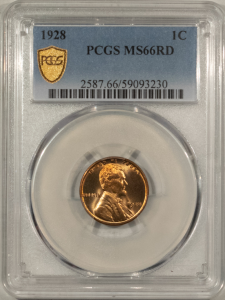 Lincoln Cents (Wheat) 1928 LINCOLN CENT, PCGS MS-66 RD, A FIERY, BLAZING RED GEM!