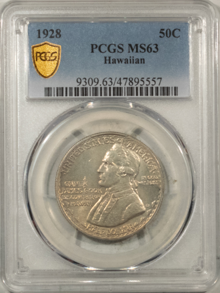 New Certified Coins 1928 HAWAIIAN COMMEMORATIVE HALF DOLLAR – PCGS MS-63, ORIGINAL WHITE MARK-FREE!