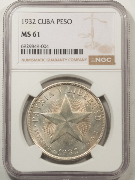 New Store Items 1932 CUBA SILVER ONE PESO, KM-15.2 – NGC MS-61, KM-15.2, SCARCE AND FLASHY