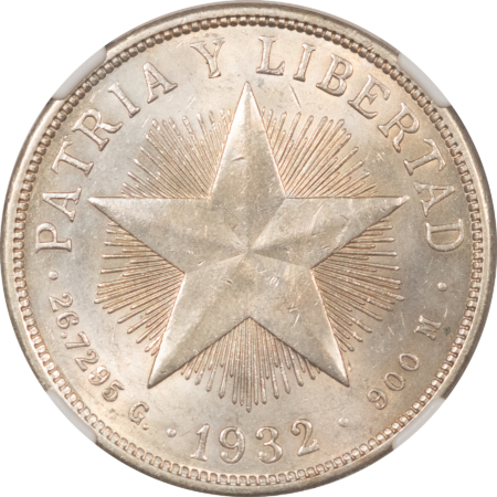 New Store Items 1932 CUBA SILVER ONE PESO, KM-15.2 – NGC MS-61, KM-15.2, SCARCE AND FLASHY