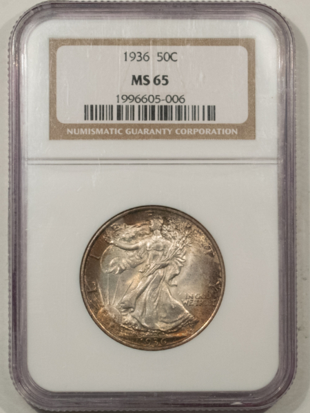New Certified Coins 1936 WALKING LIBERTY HALF DOLLAR – NGC MS-65, WHOLESOME W/ PRETTY GOLD TONING!