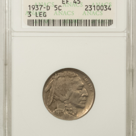 Buffalo Nickels 1937-D BUFFALO NICKEL, 3 LEGS – ANACS EF-45, OLD HOLDER, NICE ORIGINAL! KEY-DATE