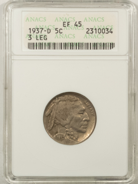 Buffalo Nickels 1937-D BUFFALO NICKEL, 3 LEGS – ANACS EF-45, OLD HOLDER, NICE ORIGINAL! KEY-DATE