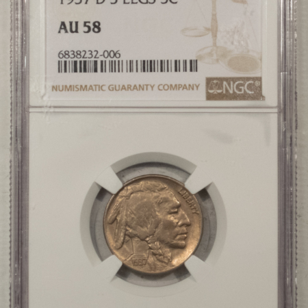 Buffalo Nickels 1937-D 3 LEGS BUFFALO NICKEL – NGC AU-58, NICE SMOOTH KEY-DATE!