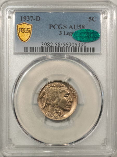 Buffalo Nickels 1937-D 3 LEGS BUFFALO NICKEL – PCGS AU-58, KEY-DATE, PQ, LOOKS BU, CAC APPROVED!