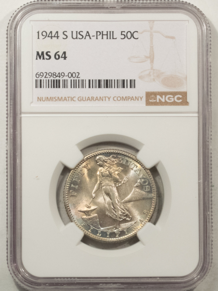New Store Items 1944-S U.S. PHILIPPINES SILVER FIFTY CENTAVOS, KM-183 – NGC MS-64, LOVELY & PQ!