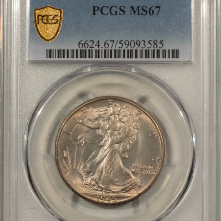 Half Dollars 1945 WALKING LIBERTY 50C, PCGS MS-67, VIRTUALLY PERFECT SURFACES, RICH LUSTER!