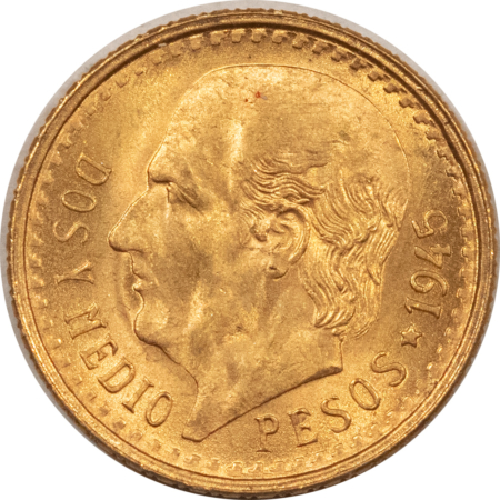 Bullion 1945 MEXICO 2 1/2 PESOS GOLD, KM-463, .0603 AGW, FRESH BRILLIANT UNCIRCULATED!