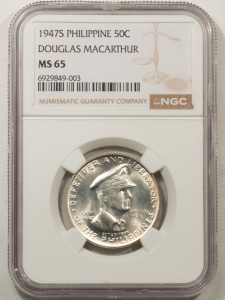New Store Items 1947-S USA-PHILIPPINES FIFTY CENTAVOS, KM-184 DOUGLAS MACARTHUR NGC MS-65 BLAZER