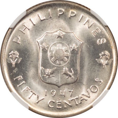 New Store Items 1947-S USA-PHILIPPINES FIFTY CENTAVOS, KM-184 DOUGLAS MACARTHUR NGC MS-65 BLAZER