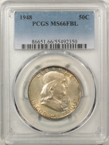 Franklin Halves 1948 FRANKLIN HALF DOLLAR – PCGS MS-66 FBL, FRESH W/ INCREDIBLE ORIGINAL SKIN!