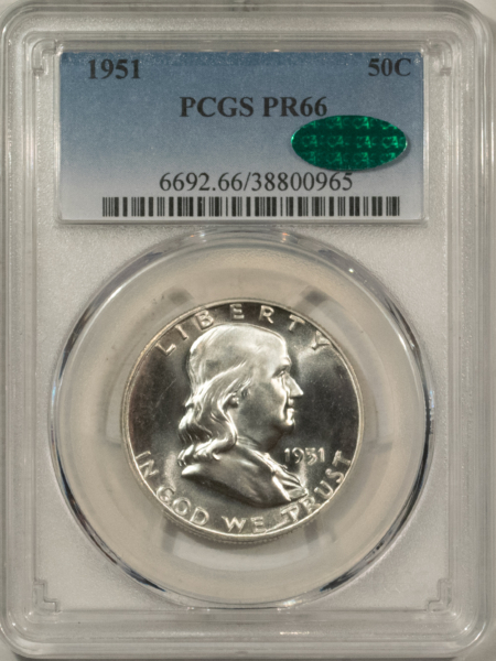 CAC Approved Coins 1951 PROOF FRANKLIN HALF DOLLAR – PCGS PR-66, WHITE, VERY NICE & CAC APPROVED!