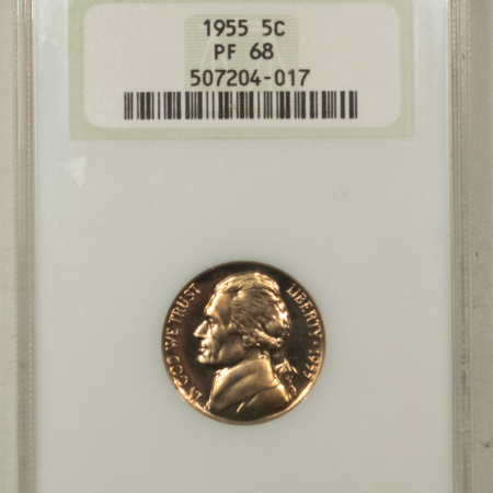 Jefferson Nickels 1955 PROOF JEFFERSON NICKEL – NGC PF-68, FATTIE HOLDER & PRISTINE!