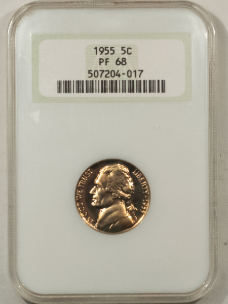 Jefferson Nickels 1955 PROOF JEFFERSON NICKEL – NGC PF-68, FATTIE HOLDER & PRISTINE!