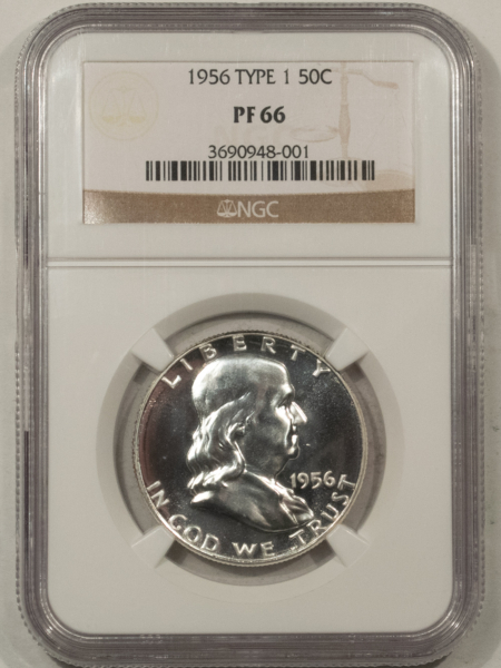 Franklin Halves 1956 TYPE I PROOF FRANKLIN HALF DOLLAR – NGC PF-66, WHITE! NICE LOOK, TOUGH!