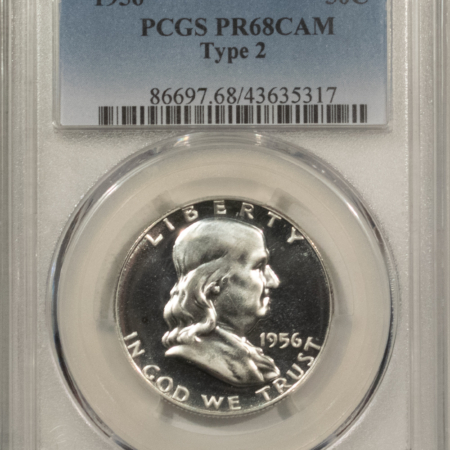 Franklin Halves 1956 PROOF FRANKLIN HALF DOLLAR, TYPE 2 – PCGS PR-68 CAM, BLACK & WHITE CAMEO