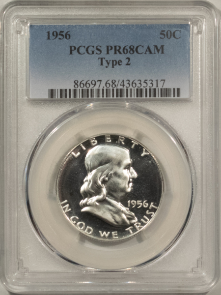 Franklin Halves 1956 PROOF FRANKLIN HALF DOLLAR, TYPE 2 – PCGS PR-68 CAM, BLACK & WHITE CAMEO