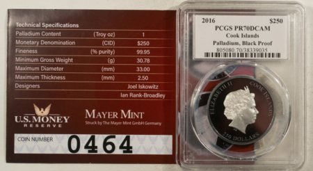 American Platinum Eagles 2016 $250 COOK ISLANDS 1 OZ PALLADIUM RONALD REAGAN LEGACY SERIES PCGS PR70 DCAM