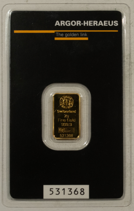 Bullion ARGOR-HERAEUS 2 GRAM 999.9 SWISS GOLD BAR; BRAND NEW & SEALED ON CARD!