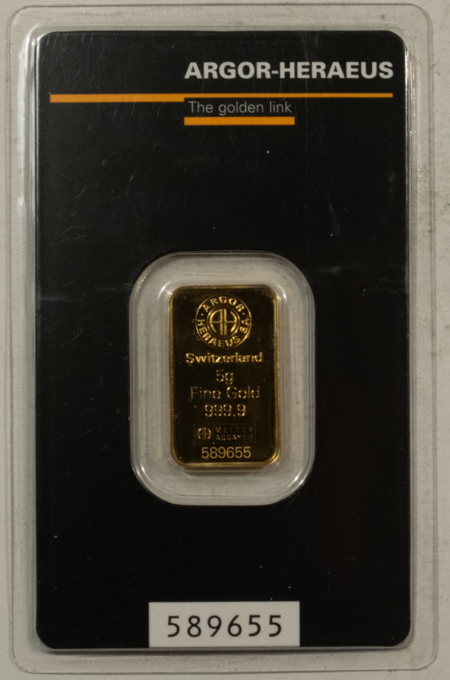 Bullion ARGOR-HERAEUS 5 GRAM 999.9 SWISS GOLD BAR; BRAND NEW & SEALED ON CARD!
