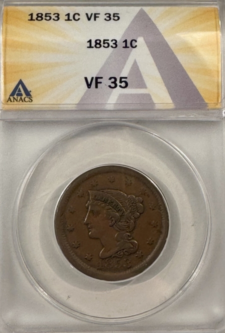 Braided Hair Large Cents 1853 BRAIDED HAIR LARGE CENT – ANACS VF-35