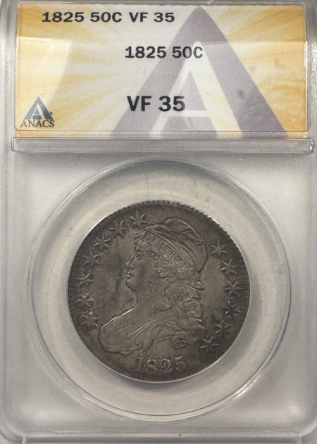 Early Halves 1825 CAPPED BUST HALF DOLLAR – ANACS VF-35, LOOKS AU! PREMIUM QUALITY!