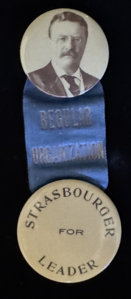 New Store Items ca 1904 TEDDY ROOSEVELT/SAMUEL STRASBOURGER COATTAIL CELLULOIDS/RIBBON-nr MINT!