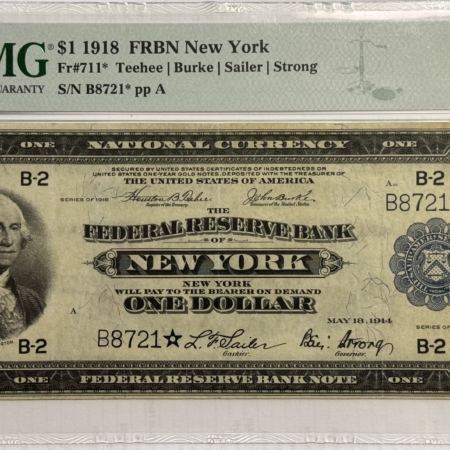 Large Federal Reserve Notes 1918 $1 FEDERAL RESERVE BANK NOTE-NEW YORK, STAR, FR-711*, PMG EF-40, SCARCE!