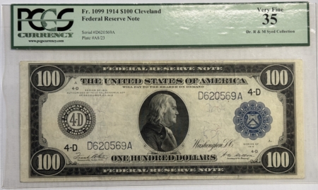 Large Federal Reserve Notes 1914 $100 FEDERAL RESERVE NOTE-CLEVELAND, FR-1099, PCGS CURRENCY VF-35!