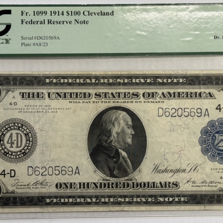 Large Federal Reserve Notes 1914 $100 FEDERAL RESERVE NOTE-CLEVELAND, FR-1099, PCGS CURRENCY VF-35!