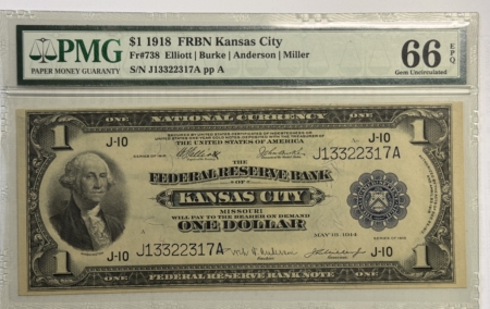 Large Federal Reserve Notes 1918 $1 FEDERAL RESERVE BANK NOTE-KANSAS CITY, PMG GEM UNC-66 EPQ; UNIMRPOVABLE!