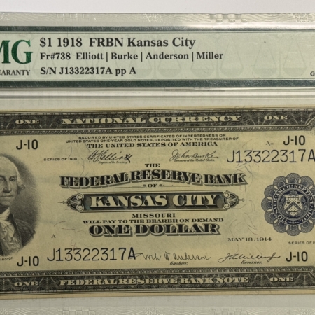 Large Federal Reserve Notes 1918 $1 FEDERAL RESERVE BANK NOTE-KANSAS CITY, PMG GEM UNC-66 EPQ; UNIMRPOVABLE!