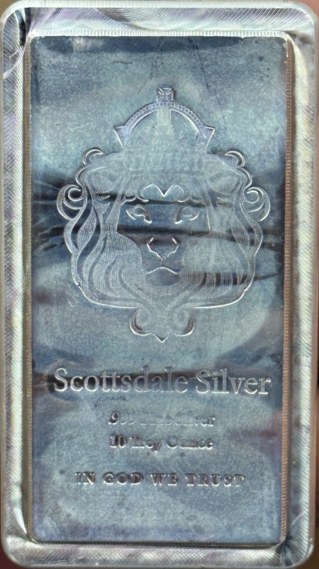 Bullion SCOTTSDALE MINT SILVER 10 OZ .999 FINE SILVER BAR, LION HEAD W/ SERIAL NUMBER