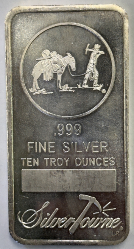 Bullion SILVERTOWNE SILVER 10 TROY OZ .999 FINE SILVER BAR, PROSPECTOR DESIGN
