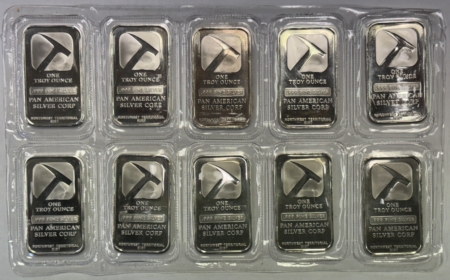Bullion 10 X 1 OZ .999 FINE SILVER PAN AMERICAN SILVER CORP BARS, 10 OZ ON SHEET, NWT