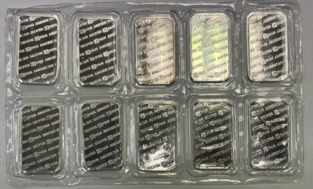Bullion 10 X 1 OZ .999 FINE SILVER PAN AMERICAN SILVER CORP BARS, 10 OZ ON SHEET, NWT