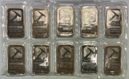 Bullion 10 X 1 OZ .999 FINE SILVER PAN AMERICAN SILVER CORP BARS, 10 OZ ON SHEET, NWT