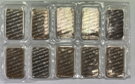 Bullion 10 X 1 OZ .999 FINE SILVER PAN AMERICAN SILVER CORP BARS, 10 OZ ON SHEET, NWT