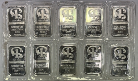 Bullion 10 X 1 OZ .999 FINE SILVER NORTHWEST TERRITORIAL MINT BARS, 10 OZ ON SHEET, NWT