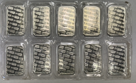 Bullion 10 X 1 OZ .999 FINE SILVER NORTHWEST TERRITORIAL MINT BARS, 10 OZ ON SHEET, NWT