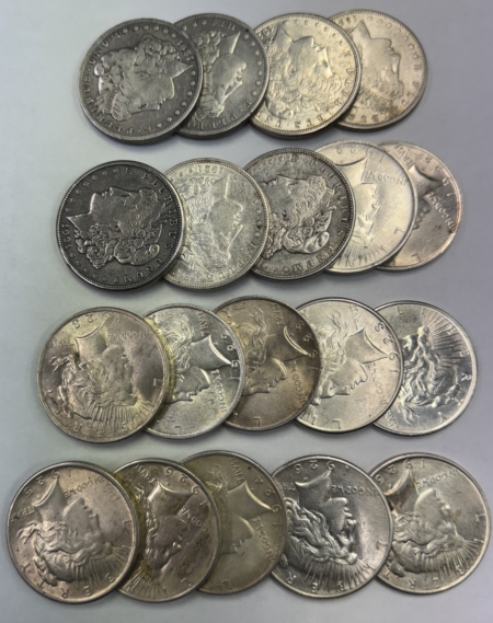 Morgan Dollars 1884-1926 WHOLESALE LOT OF 19 MORGAN & PEACE DOLLARS – DECENT MIXED CIRCULATED
